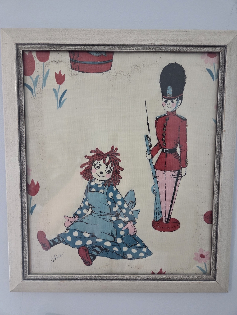 Vintage Illustrated Rag Doll & Toy Soldier Wall Art With Beading- Wooden Frame